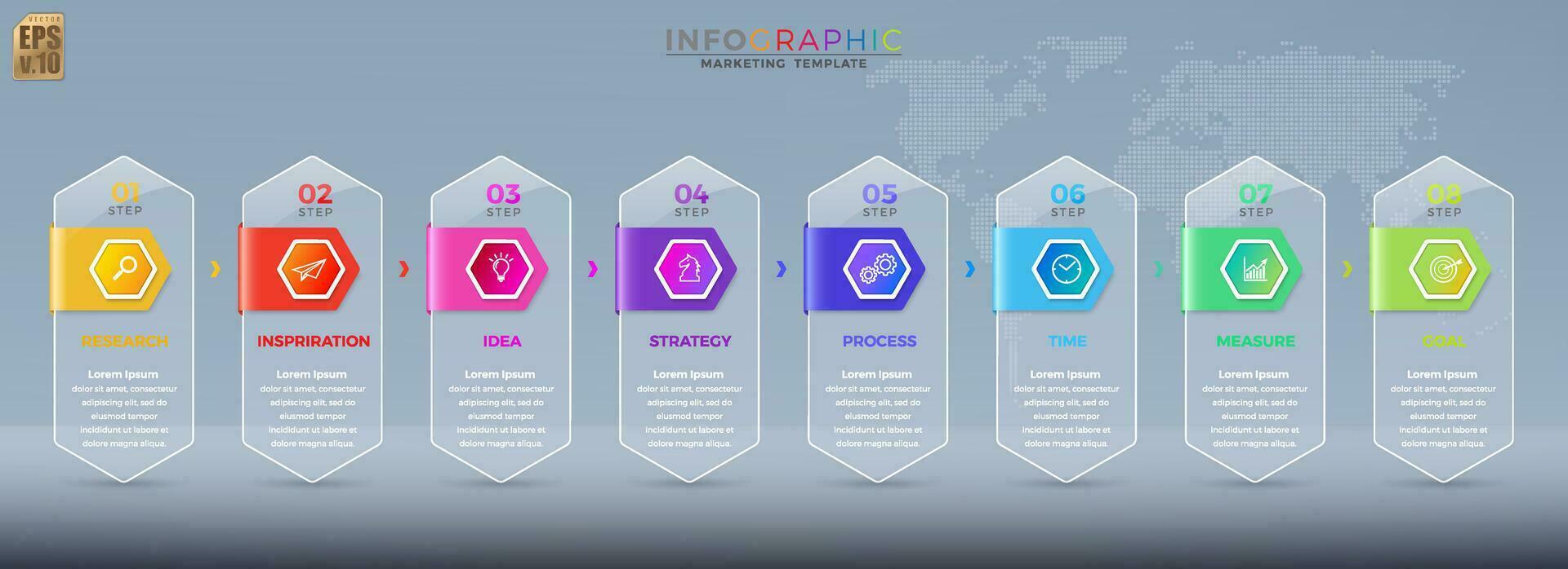 Infographic vector business design glossy hexagon icons colorful template. 8 options in glossy glass transparency. You can used for Marketing process, workflow presentations layout, flow chart.