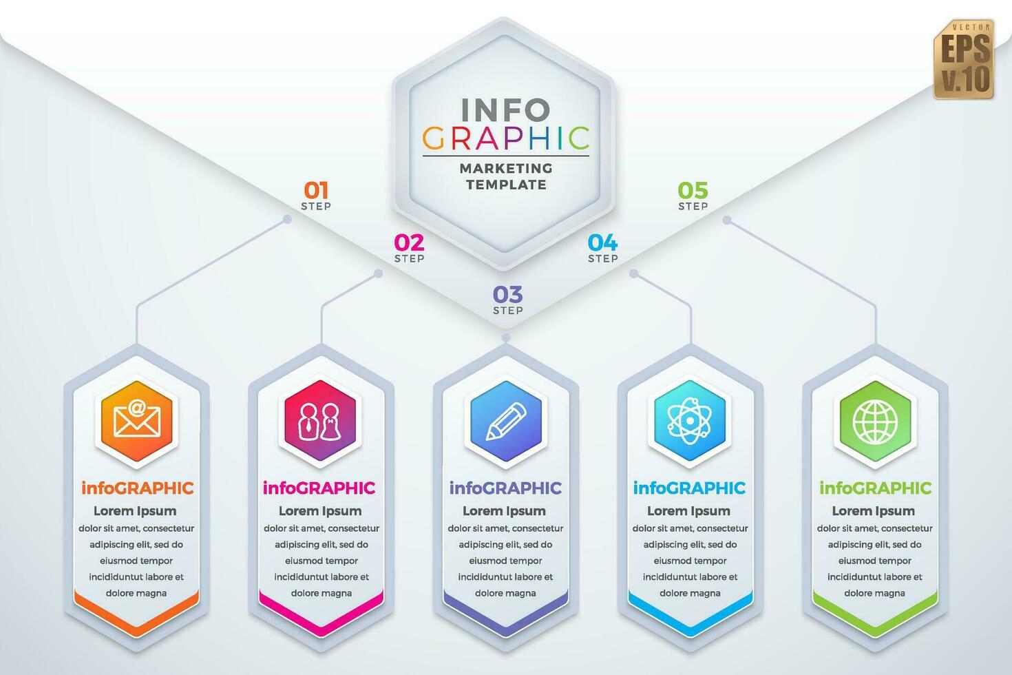 Infographic business design hexagon icons colorful marketing template vector. 5 options or steps isolated. You can used for Marketing process, workflow presentations layout, flow chart. vector