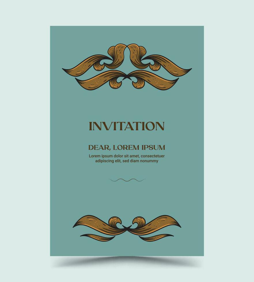 Gold retro vintage style classic wedding invitation template with green background, vector illustration