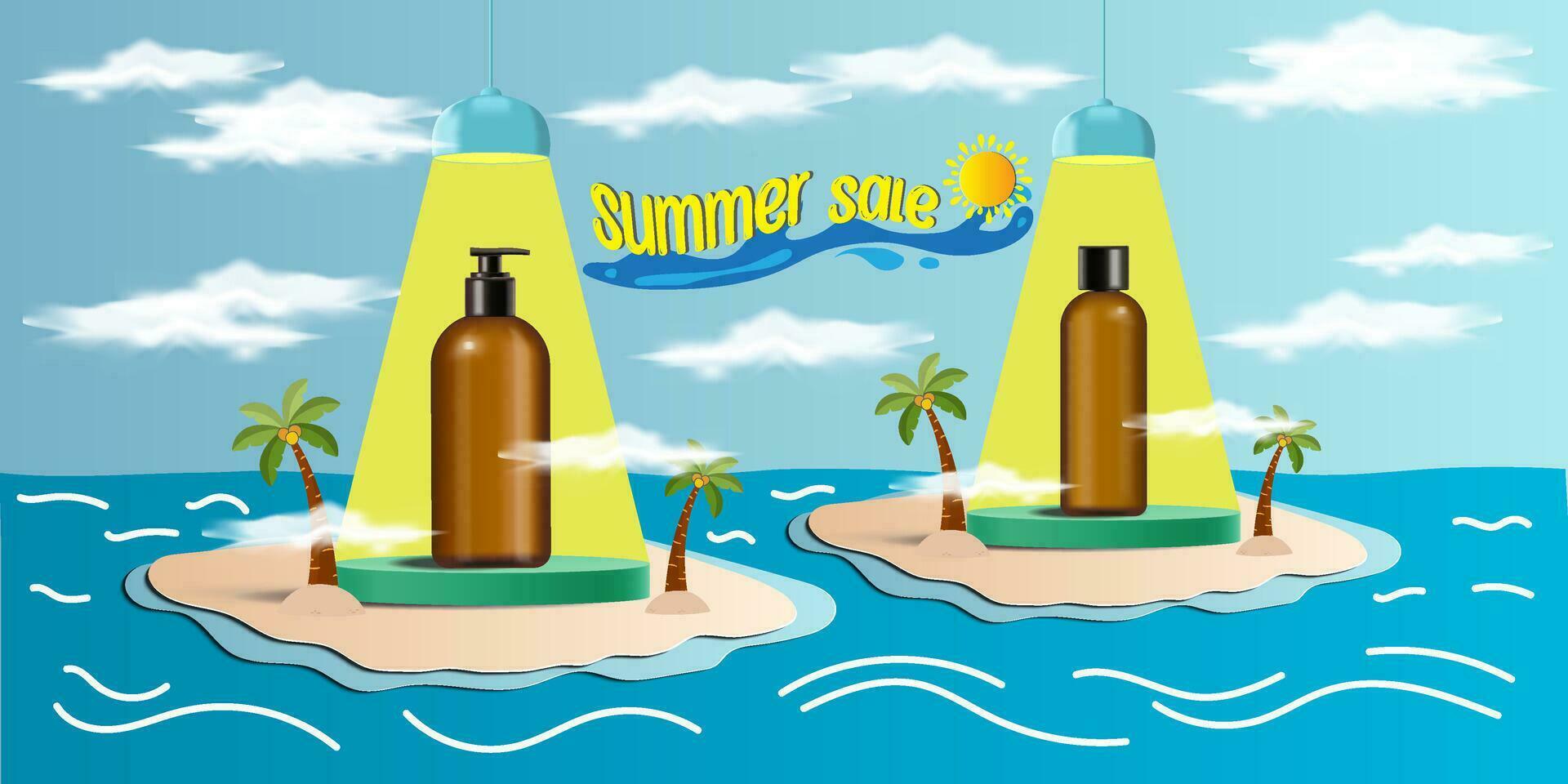 Summer sale display 3d podium for mock up and background. Vector 3D Illustration and paper cutout style.