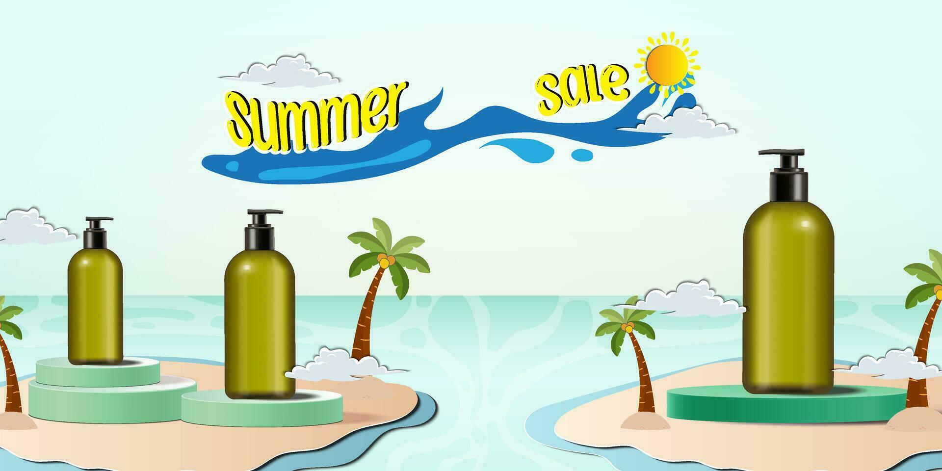 Summer sale display 3d podium for mock up and background. Vector 3D Illustration and paper cutout style.