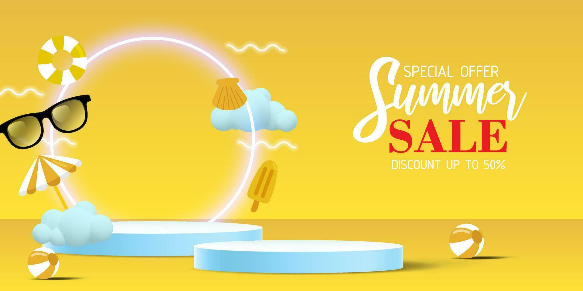 Vector 3D Illustration summer sale display 3D podium for mock up and background.