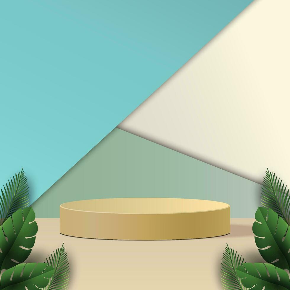 3d vector podium with leaves and colorfull background for mockup display