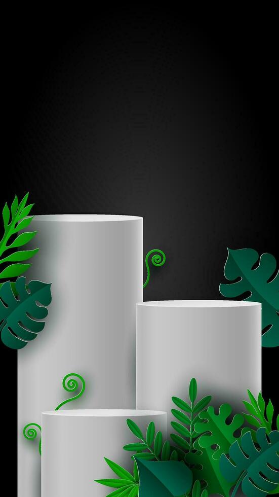 Black background summer sale display 3D podium with leaves for mock up vector