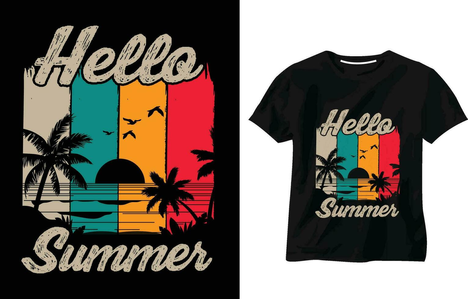 Hello Summer retro-style t-shirt design template, Surfing Paradise, Break The Waves, Sea Beach, Enjoy Great Summer,  Typography T-shirt Design Vector