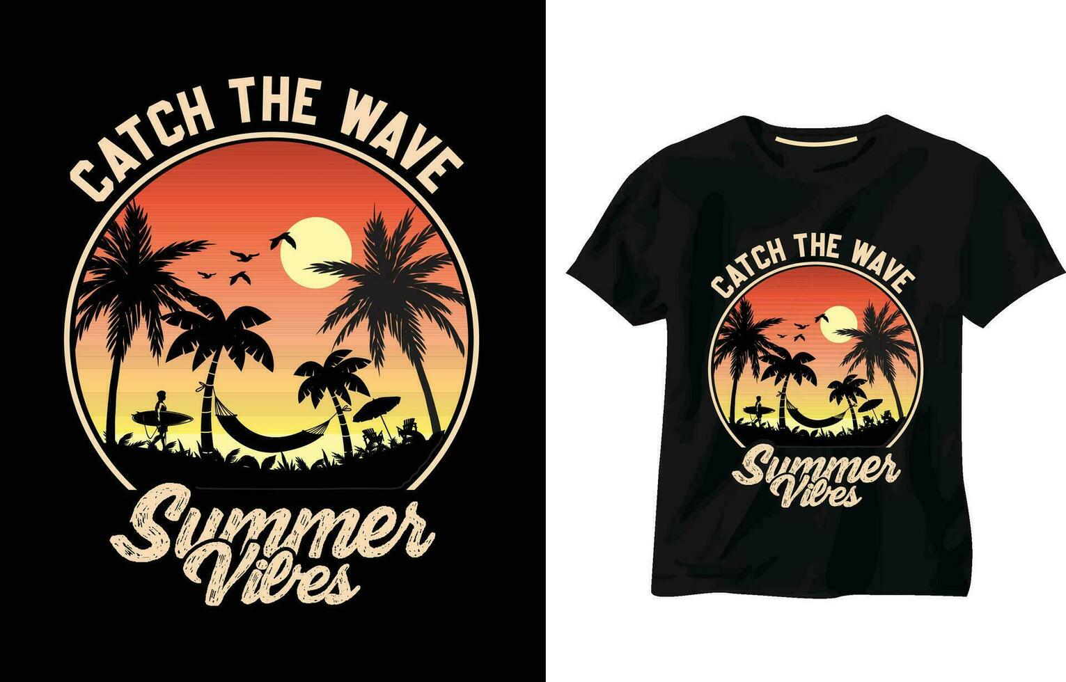 Catch the wave summer vibes t-shirt design vector for print, Summer T-shirt Design, Typography T-shirt Design, Break The Waves, Sea Beach t-shirt design