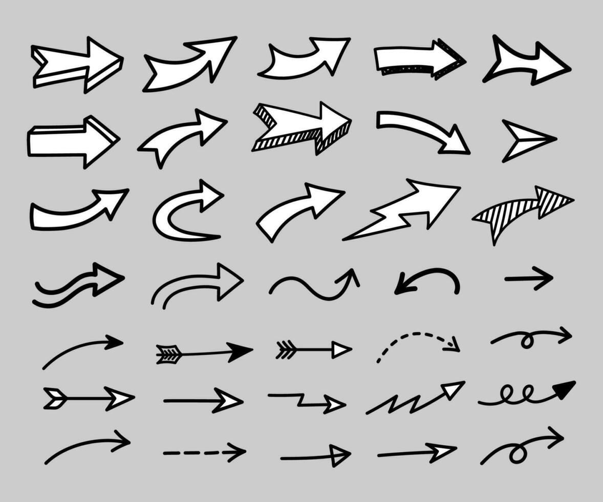 Doodle arrows icons. Vector set. Hand-drawn arrows illustrations isolated on gray background