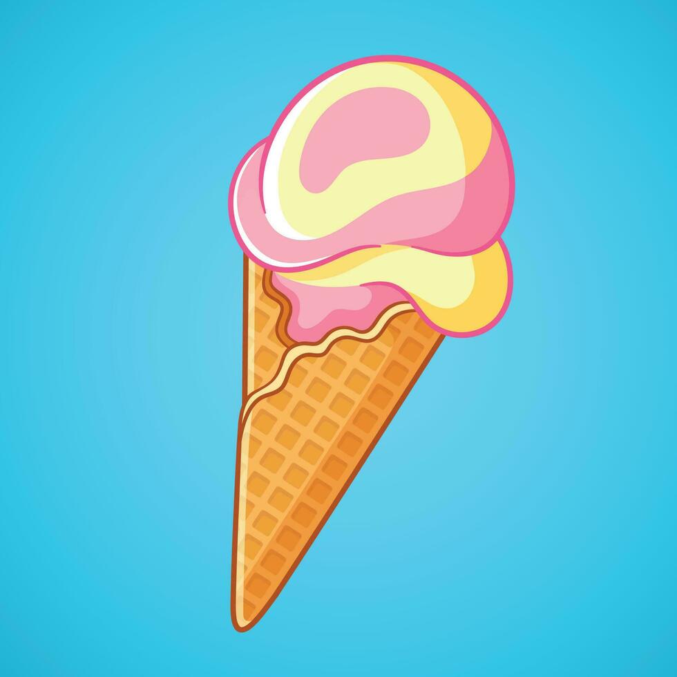 Ice Cream Cone illustration. Ice cream in a waffle cone. Hand-drawn vector illustration