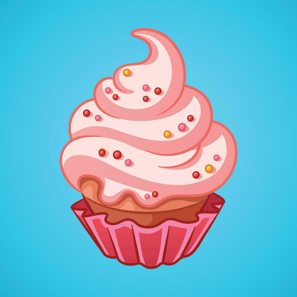 Cupcake illustration. Hand-drawn cake vector illustration isolated on blue background