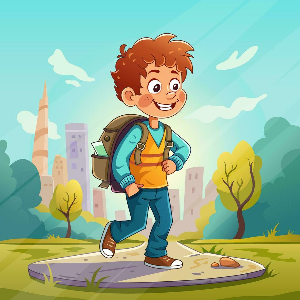 Happy young boy with a satchel goes to school. Cartoon vector illustration. Background illustration with city summer street, buildings and trees. Back to school.