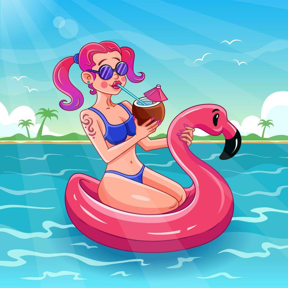 Beautiful girl on a flamingo swimming ring drinks a cocktail from a straw. Vector cartoon illustration for summer event. Summer landscape illustration with sea and palm trees