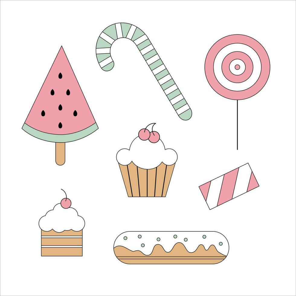 A set of sweet icons - lollipops, cakes and watermelon. vector