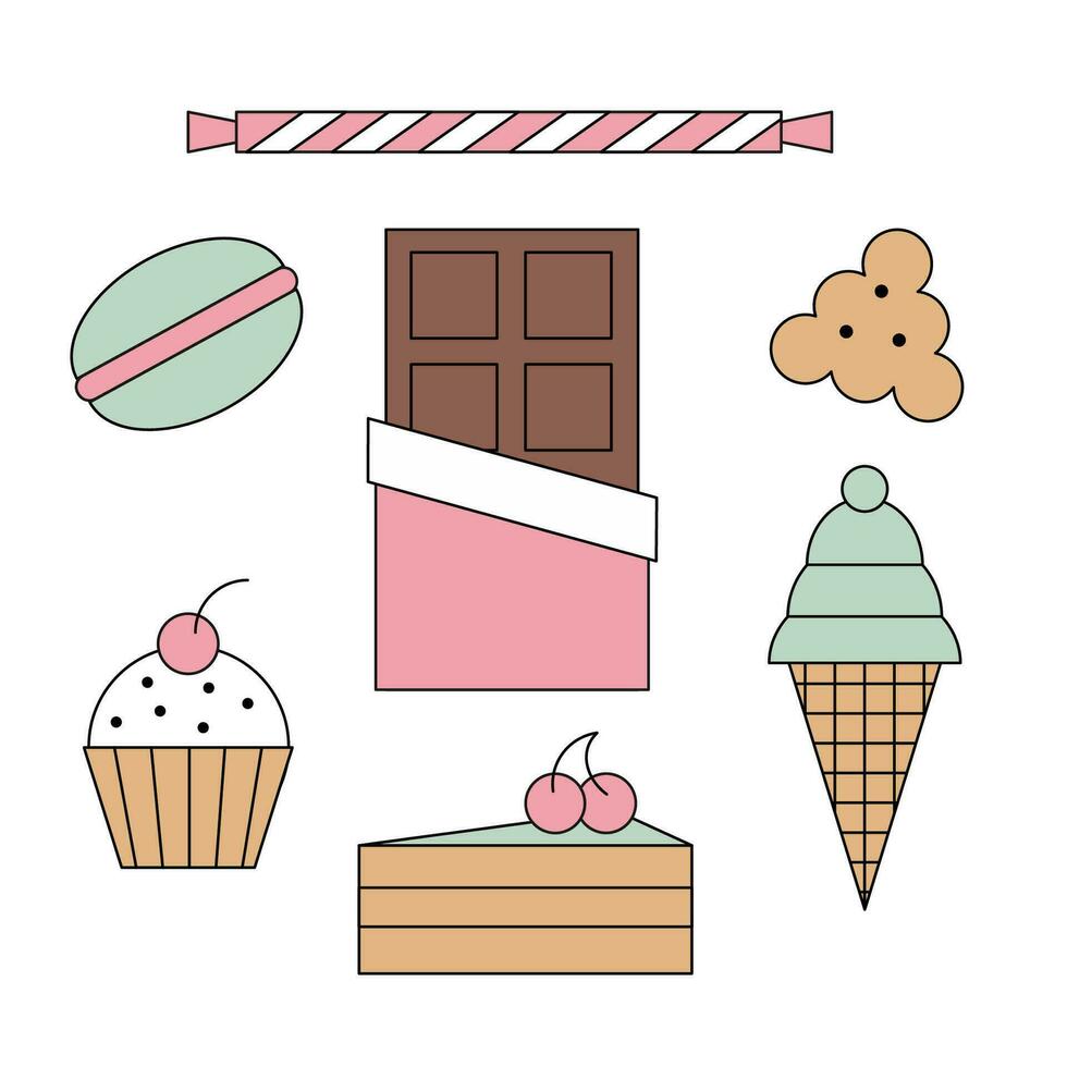 un conjunto de sencillo dulce iconos hielo crema, chocolate, pasta, galletas, tarta de queso, pirulí y pastel. vector