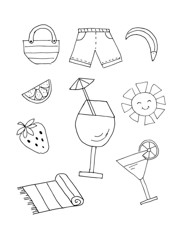 A set of summer doodle icons for travel, recreation, and tourism.   Fruits, drinks and Beach accessories. vector