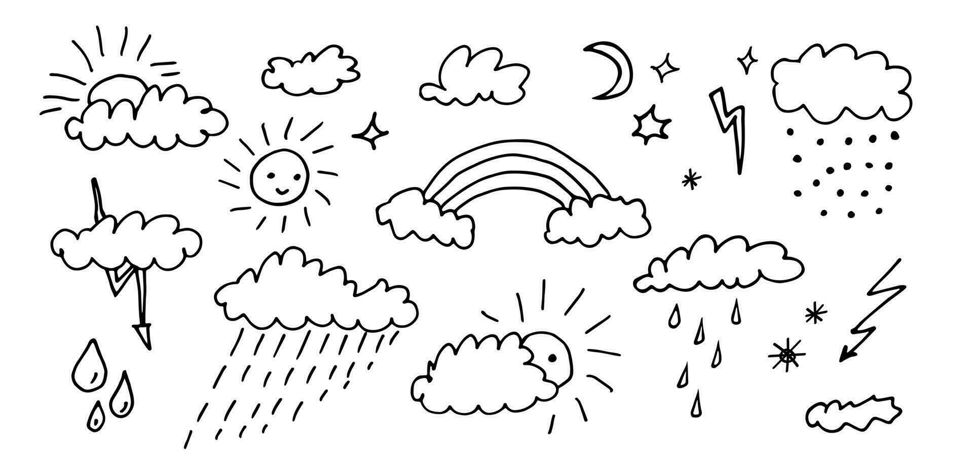 Set of weather icons in the doodle style. vector