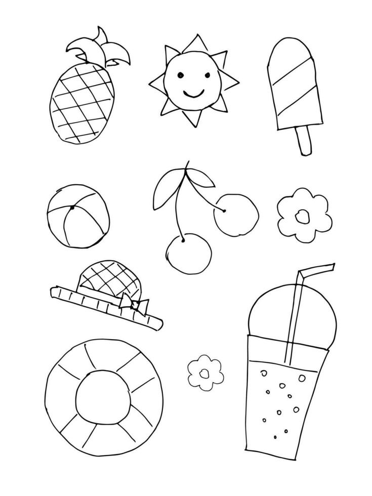 A set of summer doodle icons for travel, recreation, and tourism. Fruits, berries, drinks and ice cream. Beach accessories. vector