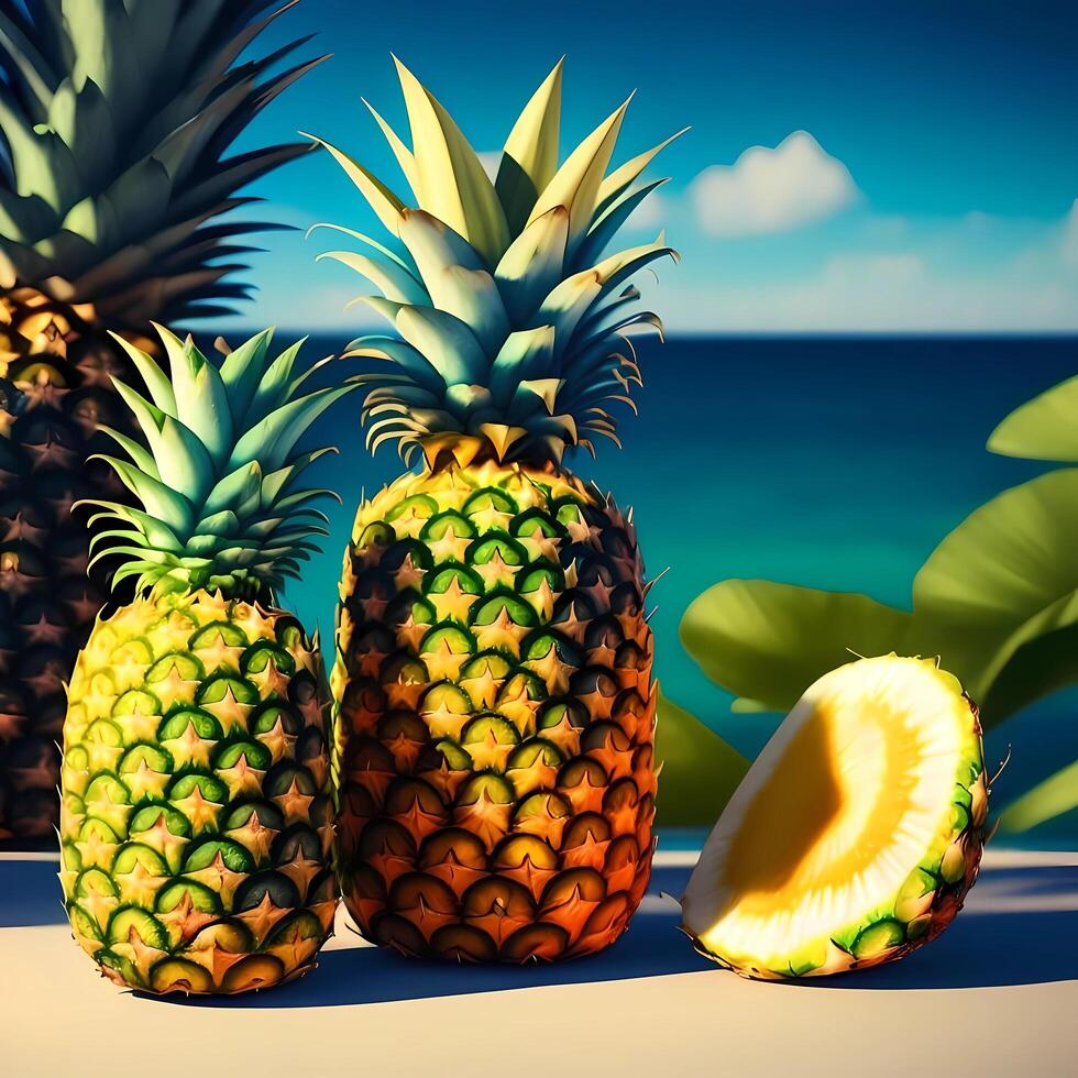 3D Rendering Realistic Fresh Pineapples. photo