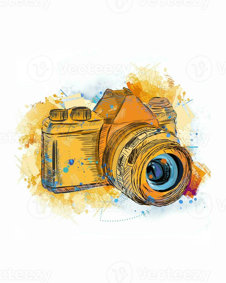 Abstract Painting Photo Yellowish Camera From A Splash Of Watercolor, Hand Drawn Sketch