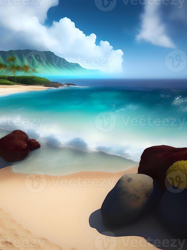 Realistic Sea Waves Beach And Green Nature Background. Generative AI photo