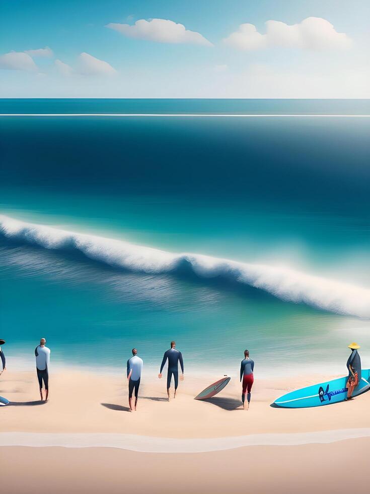 Realistic Sea Waves With Surfers On The Beach. photo