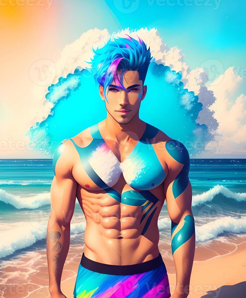 Abstract Blue Paint Splash Fit Muscular Aqua Young Man With Sea Beach Background. photo