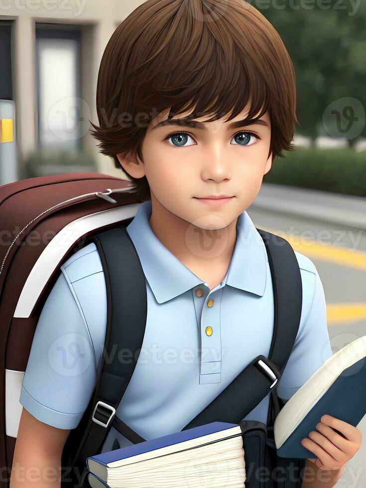 Back To School Schoolboy With Backpack And Holding Books photo