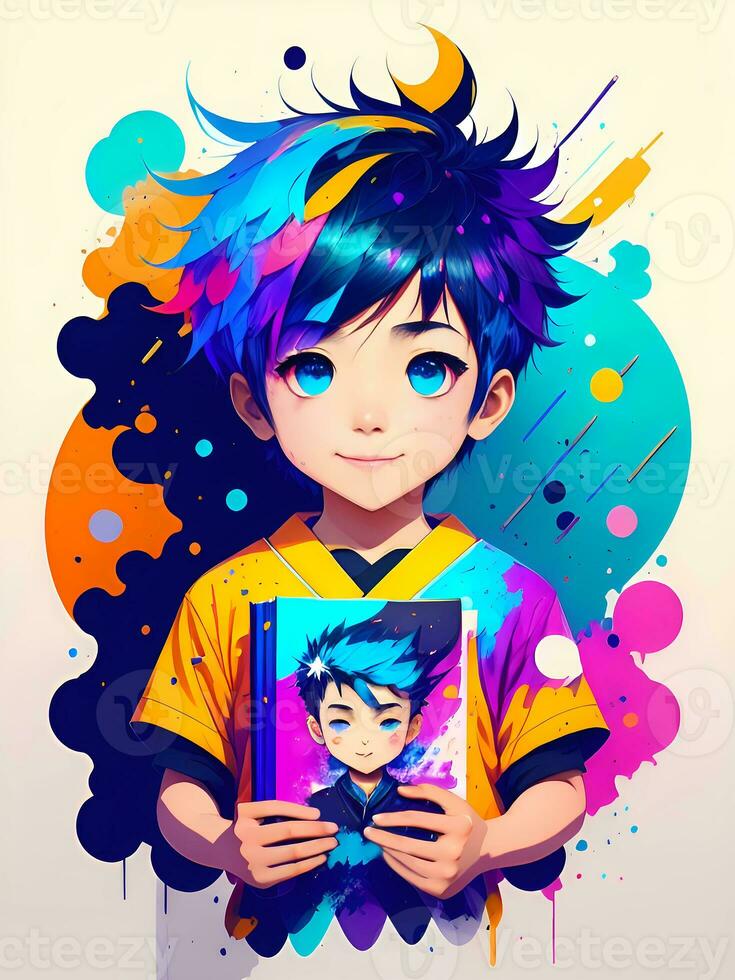 Abstract Colorful Paint Splash Young Boy With Book. Generative AI photo