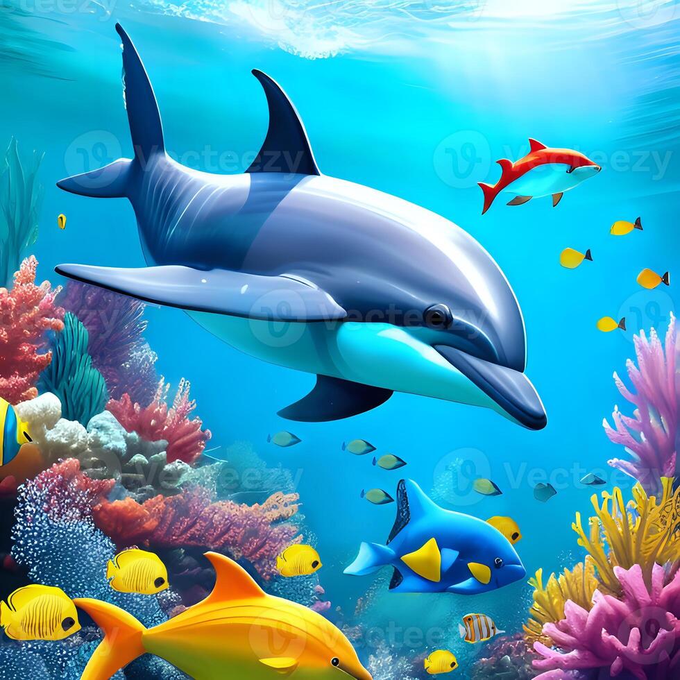 3D Drawing Illustration Dolphin With Underwater Colorful Fish And Sea Creatures. Generative AI photo