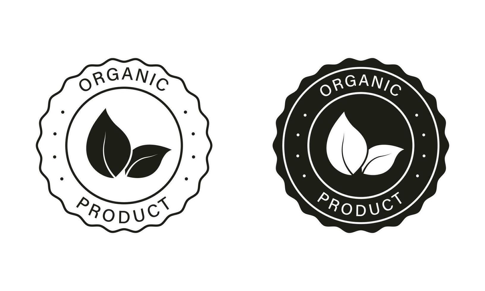 Natural and Ecology Product Vegan Food Sticker. Organic Food Label Set. Bio Healthy Eco Food Line and Silhouette Signs. 100 Percent Organic Black Icons. Isolated Vector Illustration.