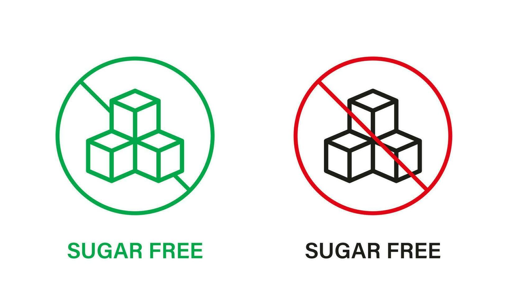 azúcar gratis línea icono colocar. comida No adicional azúcar con detener signo. glucosa prohibido símbolo. cero glucosa garantizar logo. No azúcar para diabético producto etiqueta. aislado vector ilustración.