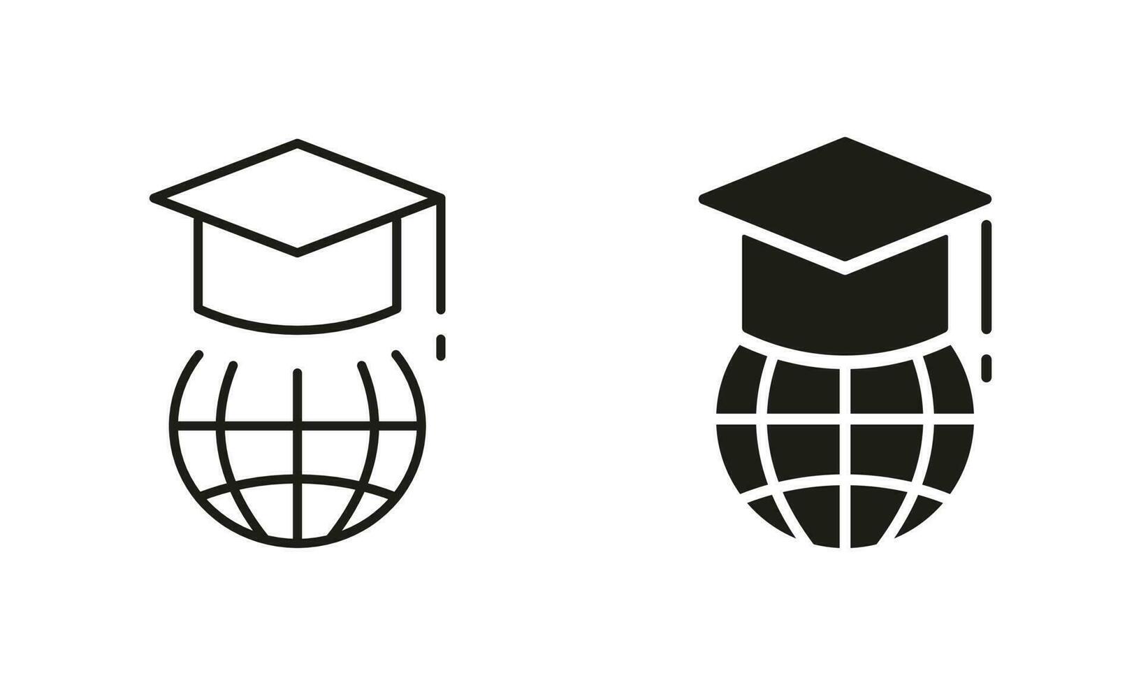 Education in Global World Silhouette and Line Icon Set. Graduation Cap and Online Education Black Sign Collection. Graduation Hat on Top of Globe. Student Cap Pictograms. Isolated Vector Illustration.