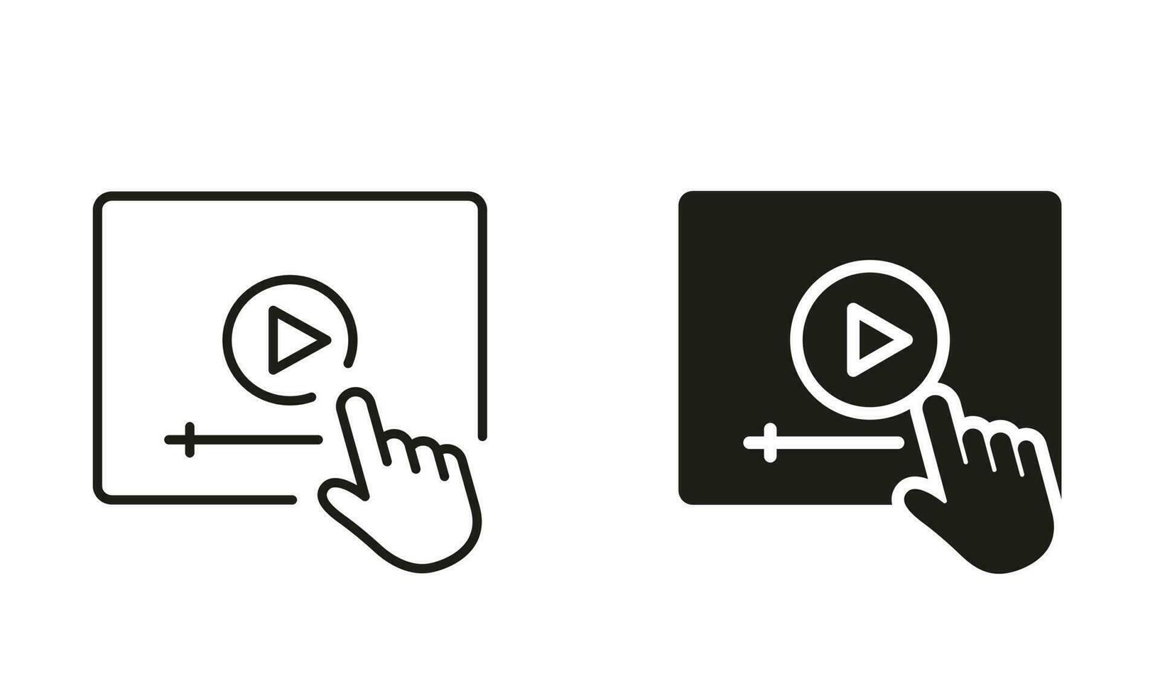 Video Tutorials Silhouette and Line Icon Set. Video Player with Mouse Pointer Black Sign. E-learning and Online Education. Distant Education and Online Webinar Pictogram. Isolated Vector Illustration.