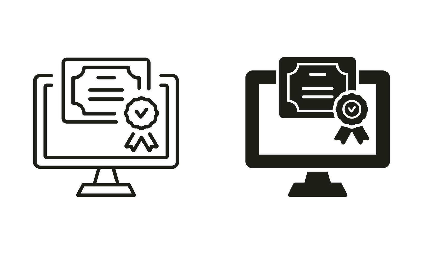 Online Diploma Silhouette and Line Icon Set. Digital Online and Distance Education Symbol. Certificate with License Badge Black Sign. Award, Grant, Distance Diploma. Isolated Vector Illustration.