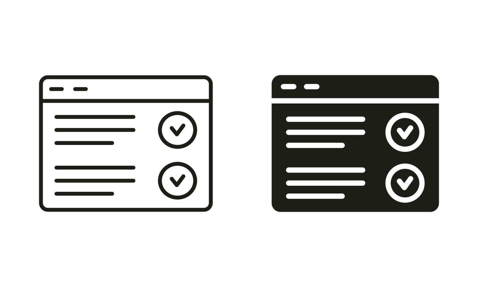 Web Browser Silhouette and Line Icon Set. Online Exams, Taking Tests, Questionnaires or Checklists. Online Form Survey Black Icon. Education and Elearning Symbol. Isolated Vector Illustration.