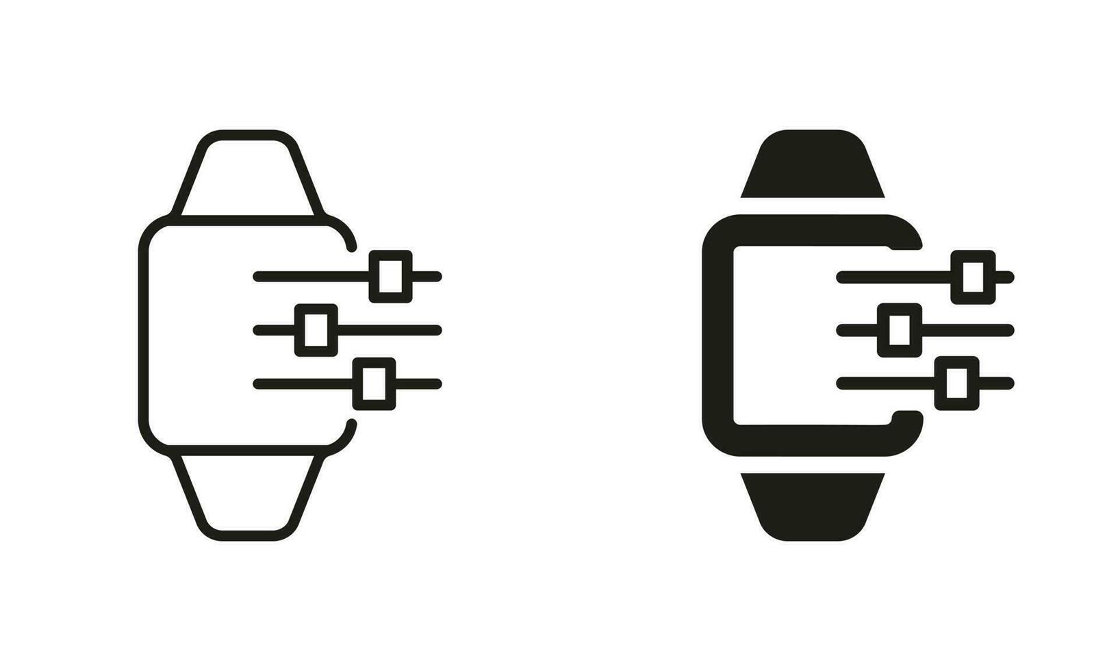 Options of Smart Watch Line and Silhouette Icon Set. Smartwatch Settings Symbol Collection. Control Panel of Electronic Device Pictogram. Isolated Vector Illustration.