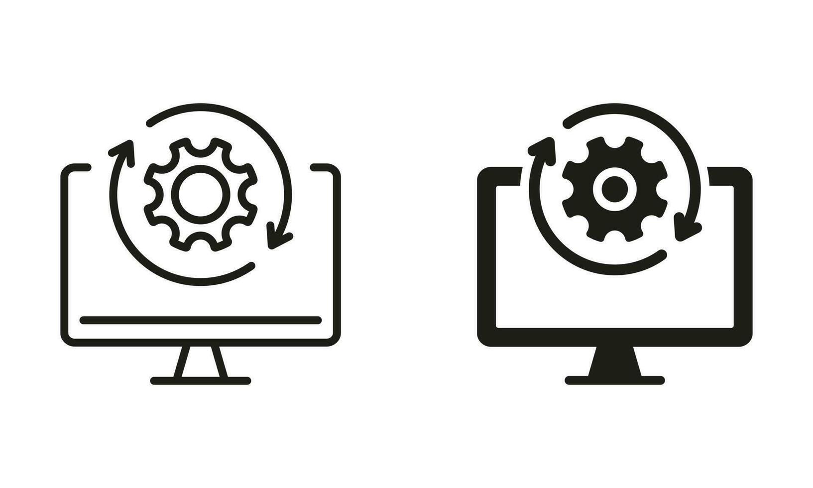 Upgrade of Software Line and Silhouette Icon Set. Computer System Update Pictogram. Download Process Sign. Upgrade Progress Symbol Collection. Vector Isolated Illustration.