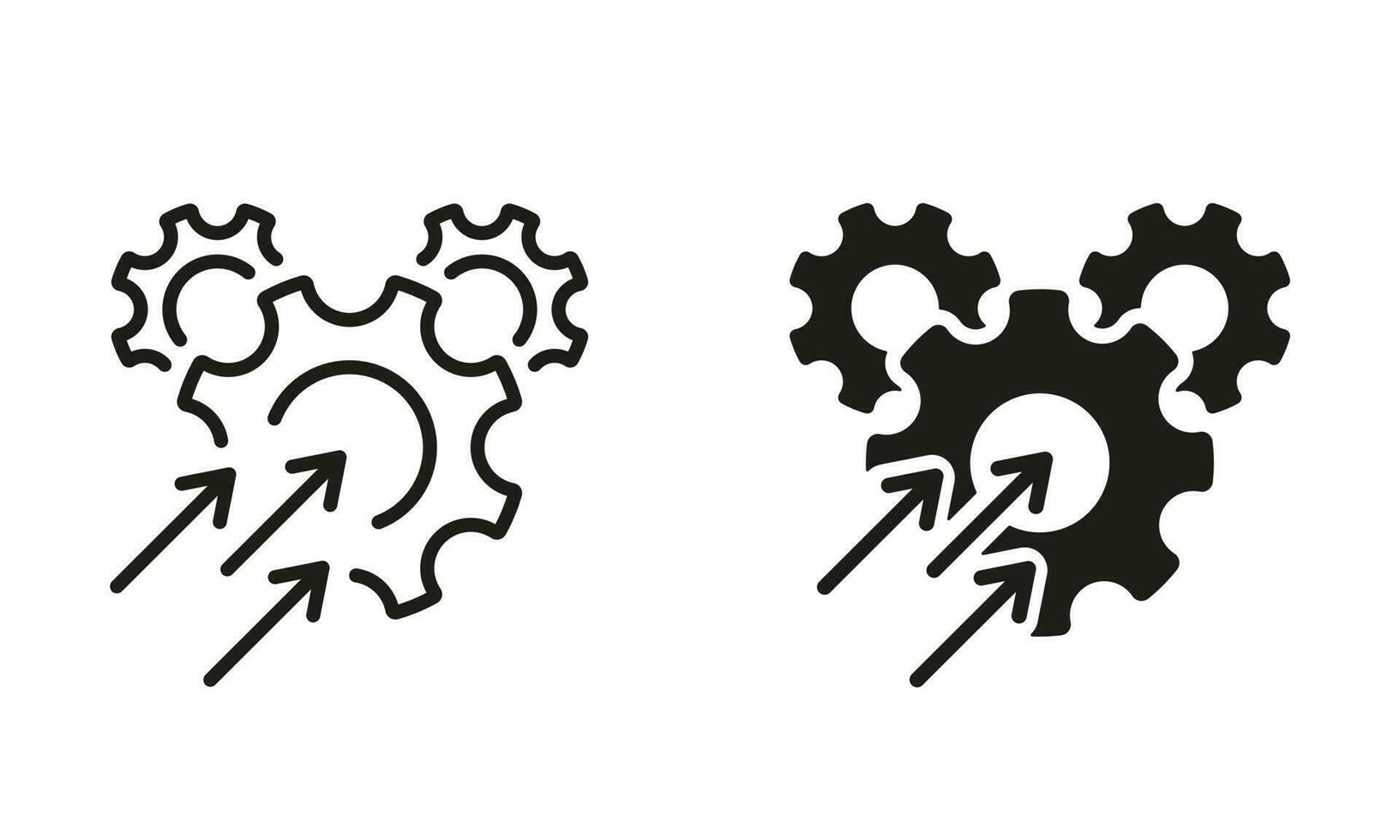 Gear with Increase Arrow Pictogram. Productivity Industry Process Line and Silhouette Icon Set. Operational Production Growth Symbol Collection. Optimize Business Sign. Isolated Vector Illustration.