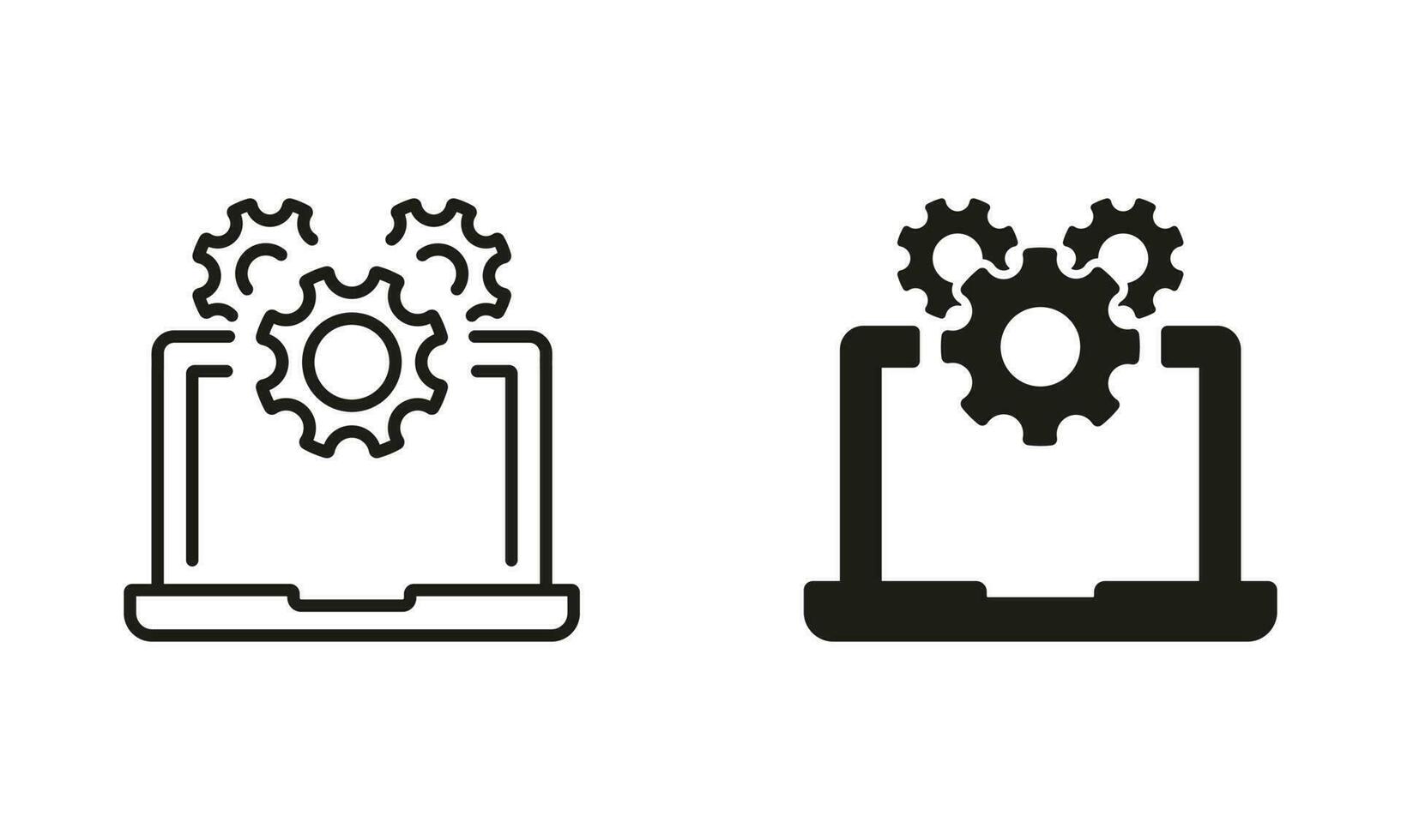 Computer System Update Line and Silhouette Icon Set. Settings and Configuration of Laptop Pictogram. Software Service Black Symbol Collection. Technical Support Sign. Vector Isolated Illustration.