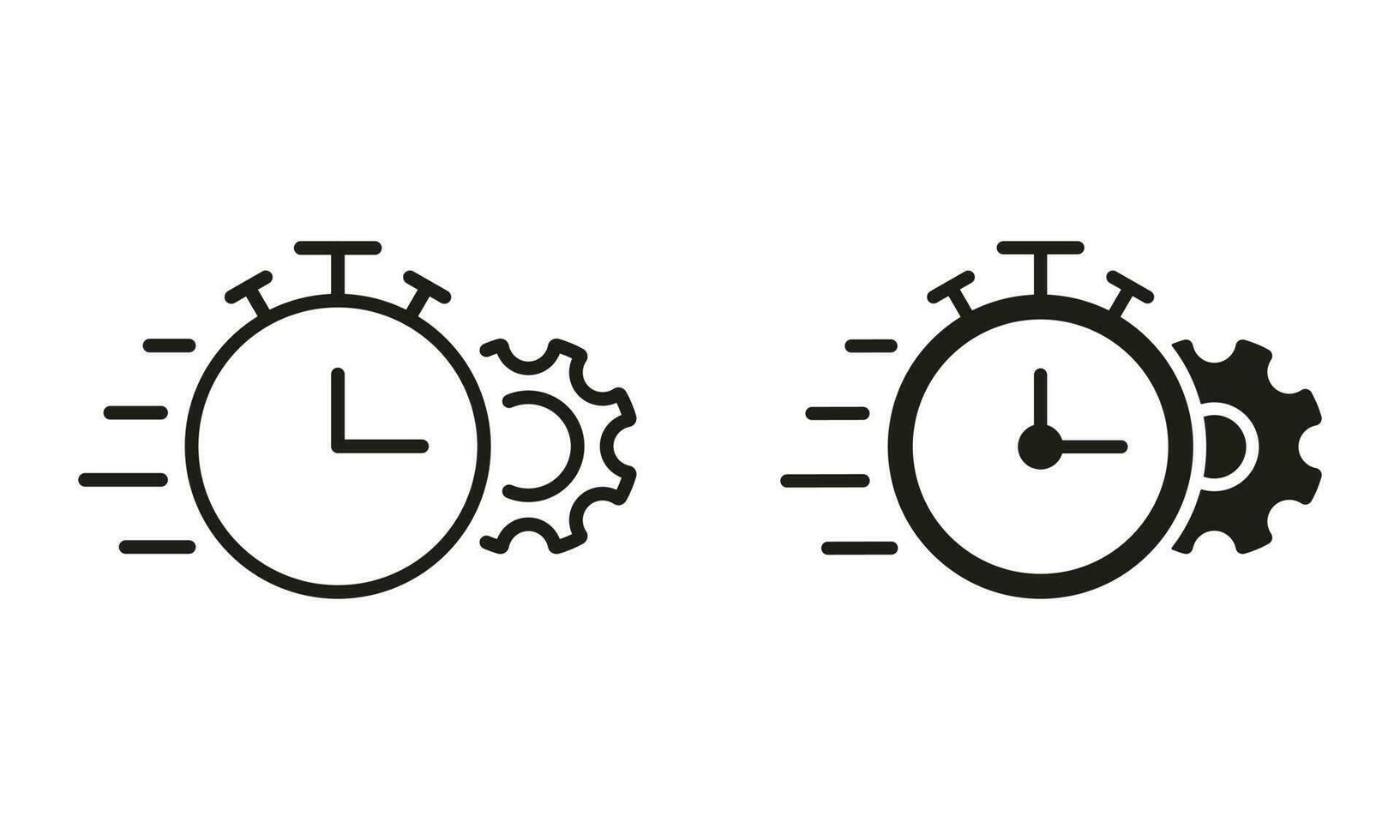 diente rueda y reloj fecha límite, ajustes, controlar hora y eficiencia pictograma. engranaje y reloj línea y silueta icono colocar. mejoramiento proceso negro símbolo recopilación. aislado vector ilustración.