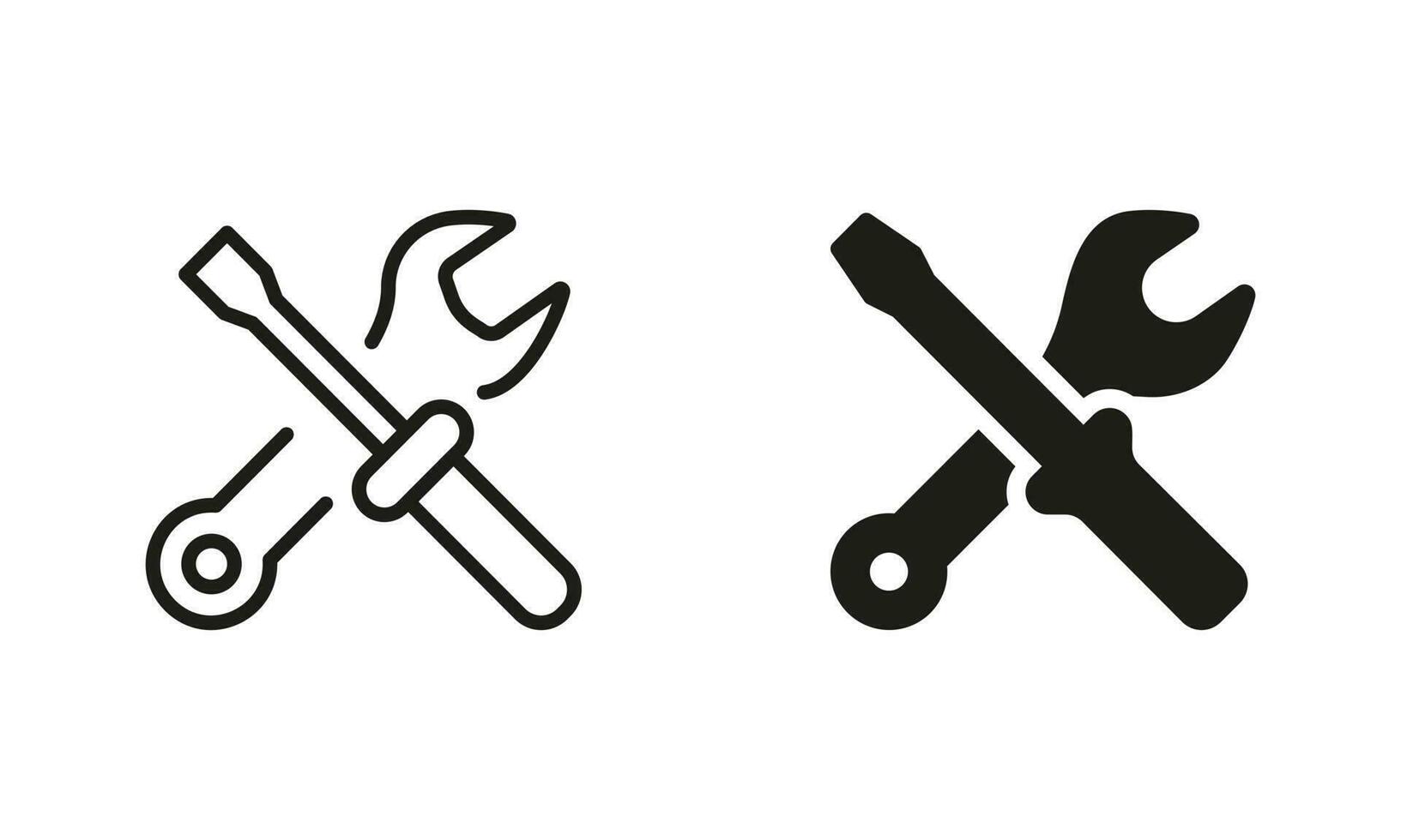 Toolkit Linear and Silhouette Icon Set. Cross of Wrench and Screwdriver Pictogram. Tool Kit for Repair Symbol Collection. Toolbox for Fix Sign. Isolated Vector Illustration.
