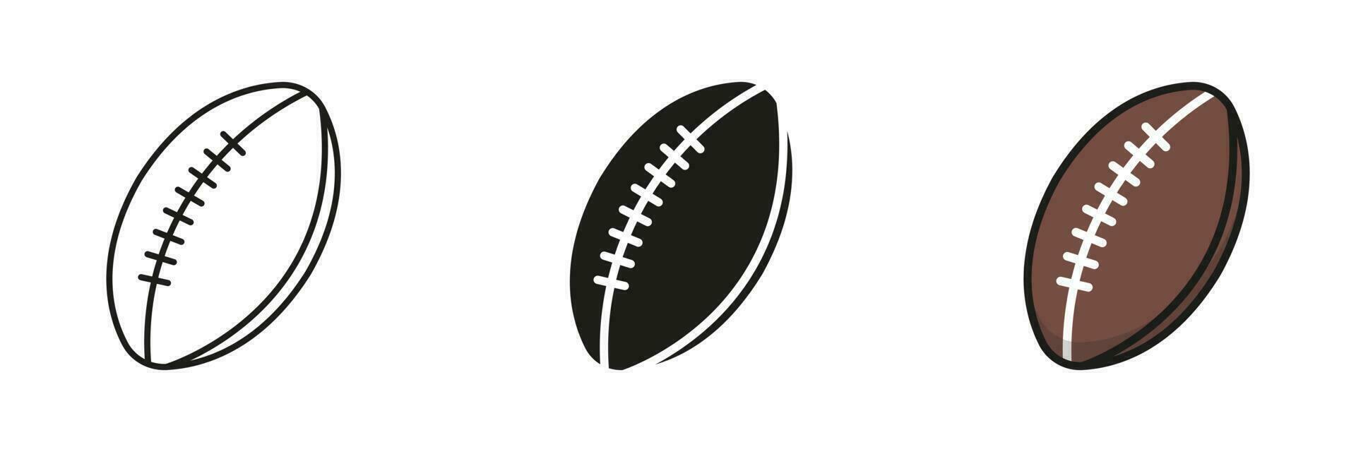 rugby pelota silueta y línea icono colocar. pelota para jugar Deportes juego, americano fútbol americano sólido y contorno negro y color símbolo colección en blanco antecedentes. aislado vector ilustración.