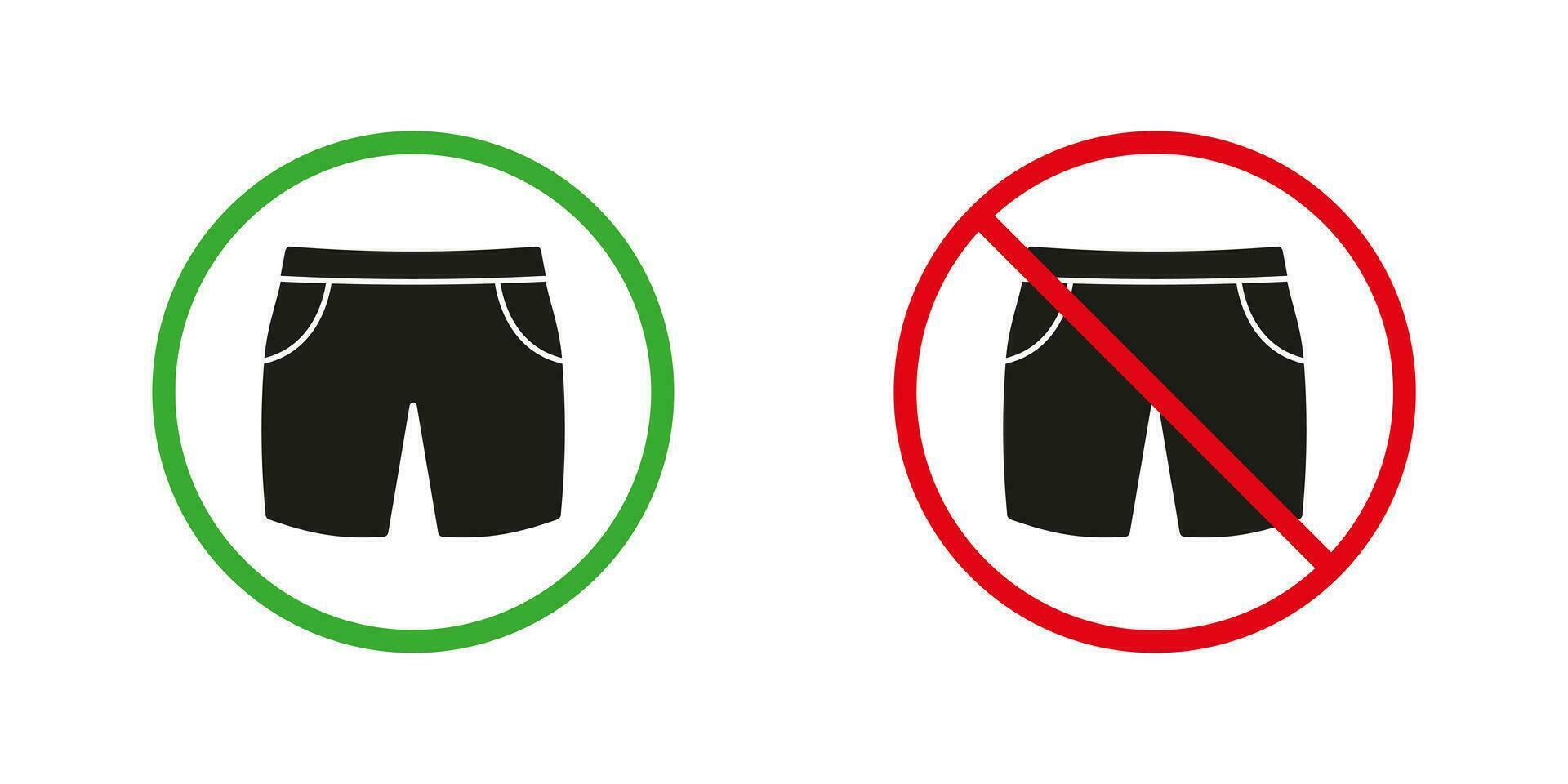 hombres islas Bermudas verano corto rojo y verde advertencia señales. deporte pantalones silueta íconos colocar. vestir Boxer permitido y prohibido pictograma. masculino nadar bañador, desnudo playa. aislado vector ilustración.