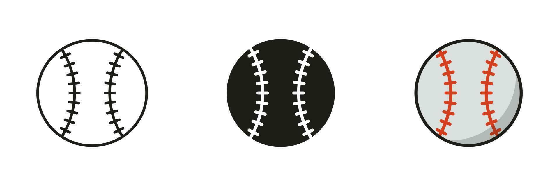 béisbol pelota silueta y línea icono colocar. pelota para jugar Deportes juego sólido y contorno negro y color símbolo colección en blanco antecedentes. aislado vector ilustración.