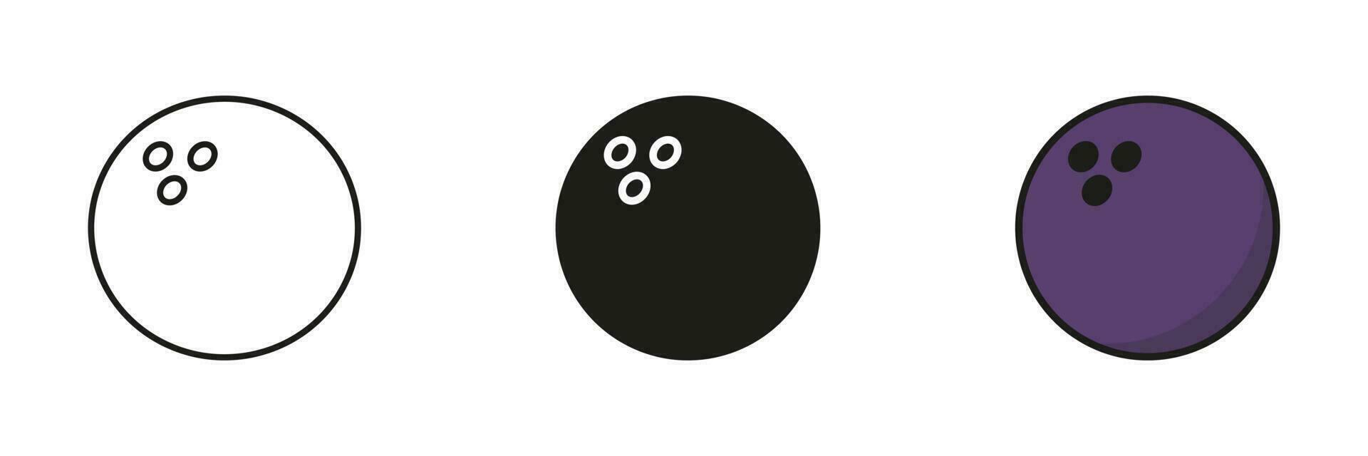 Bowling Ball Black Silhouette and Line Icon Set. Ball for Sports Game Solid and Outline Black and Color Symbol Collection on White Background. Isolated Vector Illustration.