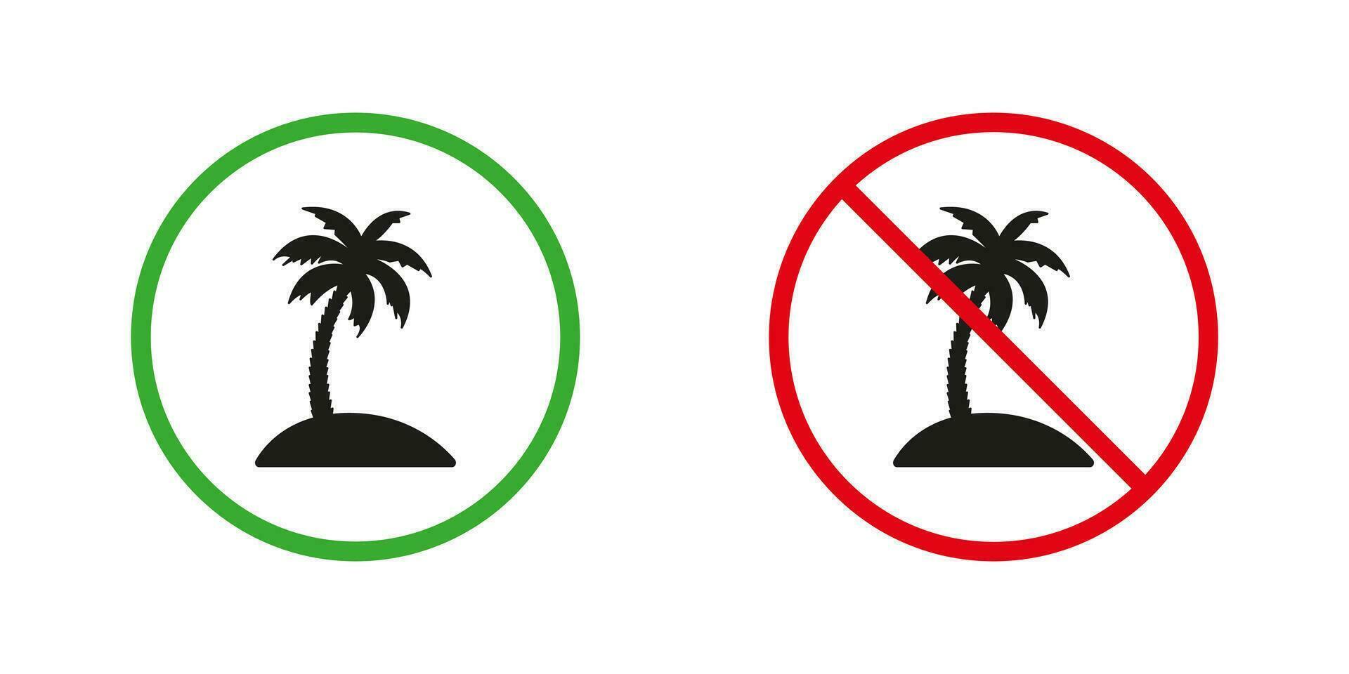 Palm Tree Oil Red and Green Warning Signs. Only Natural Organic Food Ingredient Silhouette Icons Set. Palm Oil Allowed and Prohibited Pictogram. Palm Fat Symbol. Isolated Vector Illustration.