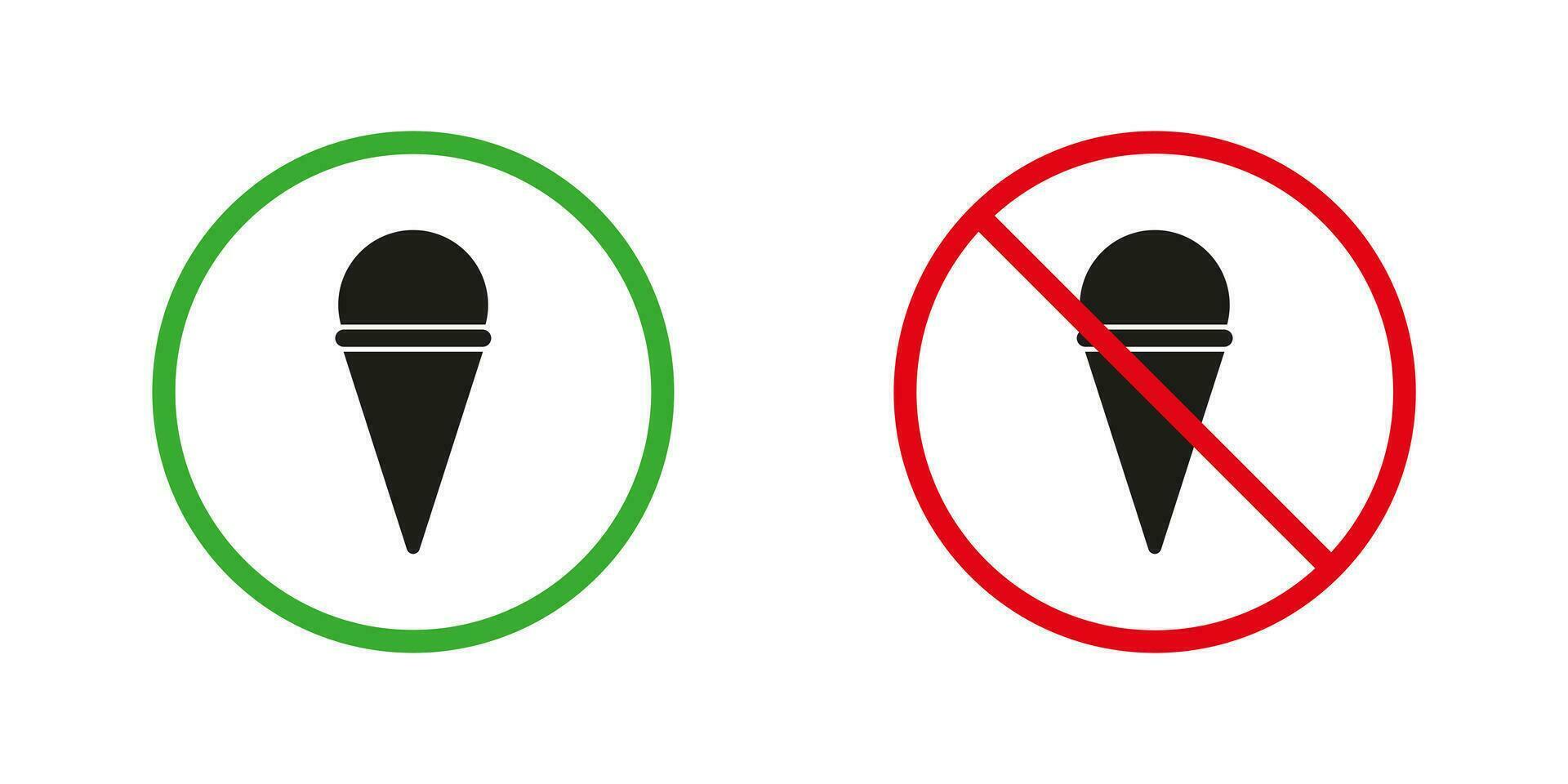 permitido y prohibido entrada con hielo crema regla silueta íconos colocar. comer comida zona rojo y verde advertencia símbolo. información signo. aislado vector ilustración.