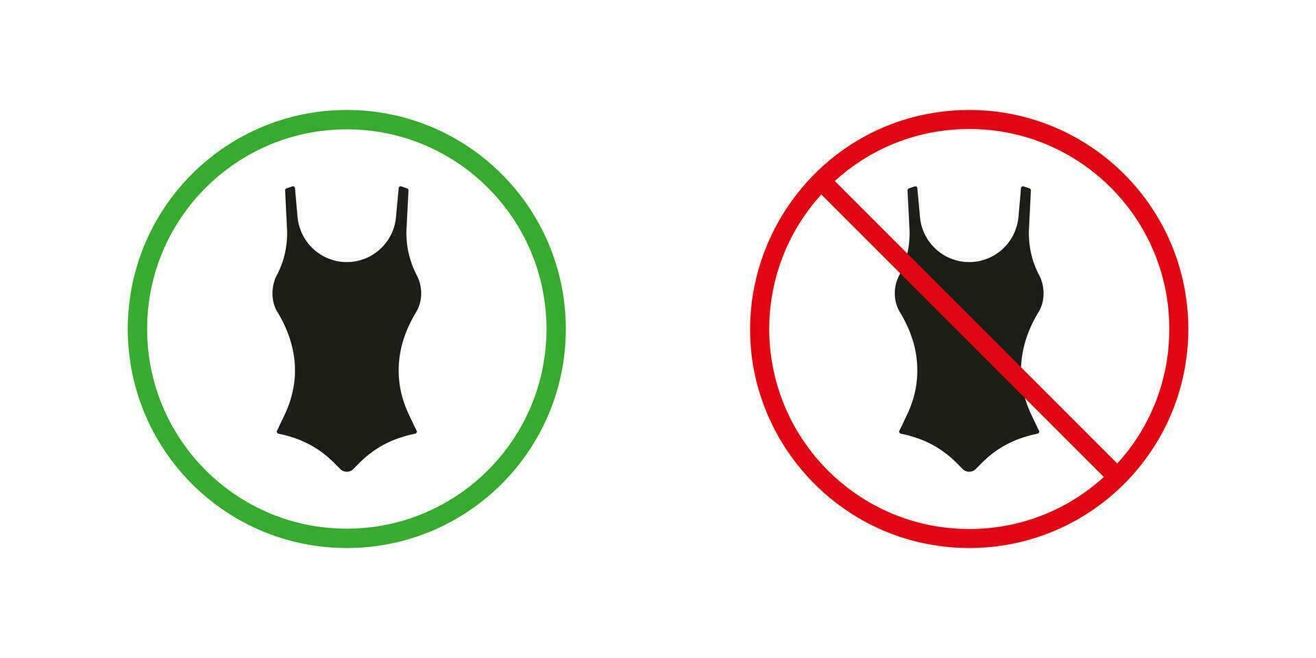 Girl Summer Swimwear Warning Solid Signs. Swim Clothing Silhouette Icons Set. Allowed and Prohibited Women One Piece Bikini Swimsuit Glyph Pictogram. Nude Beach Sign. Isolated Vector Illustration.