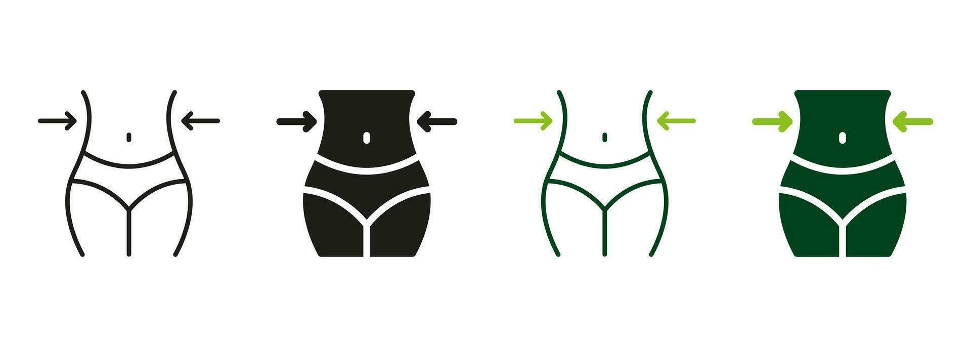 Female Body Slimming Symbol Collection. Woman Loss Weight Black and Color  Pictogram. Shape Waistline Control. Slimming Waist Line and Silhouette Icon  Set. Isolated Vector Illustration. 25782898 Vector Art at Vecteezy