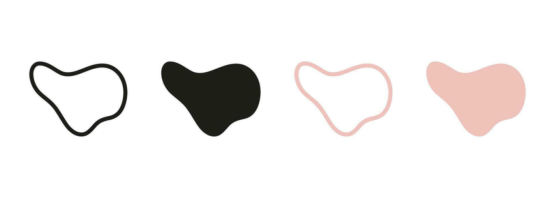 Smooth Black and Color Form. Simple Irregular Pebble, Stone, Drop Collection. Minimal Fluid. Organic Abstract Blob Shape. Random Blotch Line and Silhouette Set. Isolated Vector Illustration.