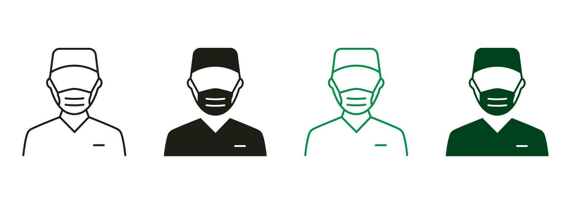 Plastic Surgery in Medical Mask, Hospital Staff Pictogram Set. Surgeon Man Line and Silhouette Icons. Professional Surgeon Doctor Black and Color Symbol Collection. Isolated Vector Illustration.